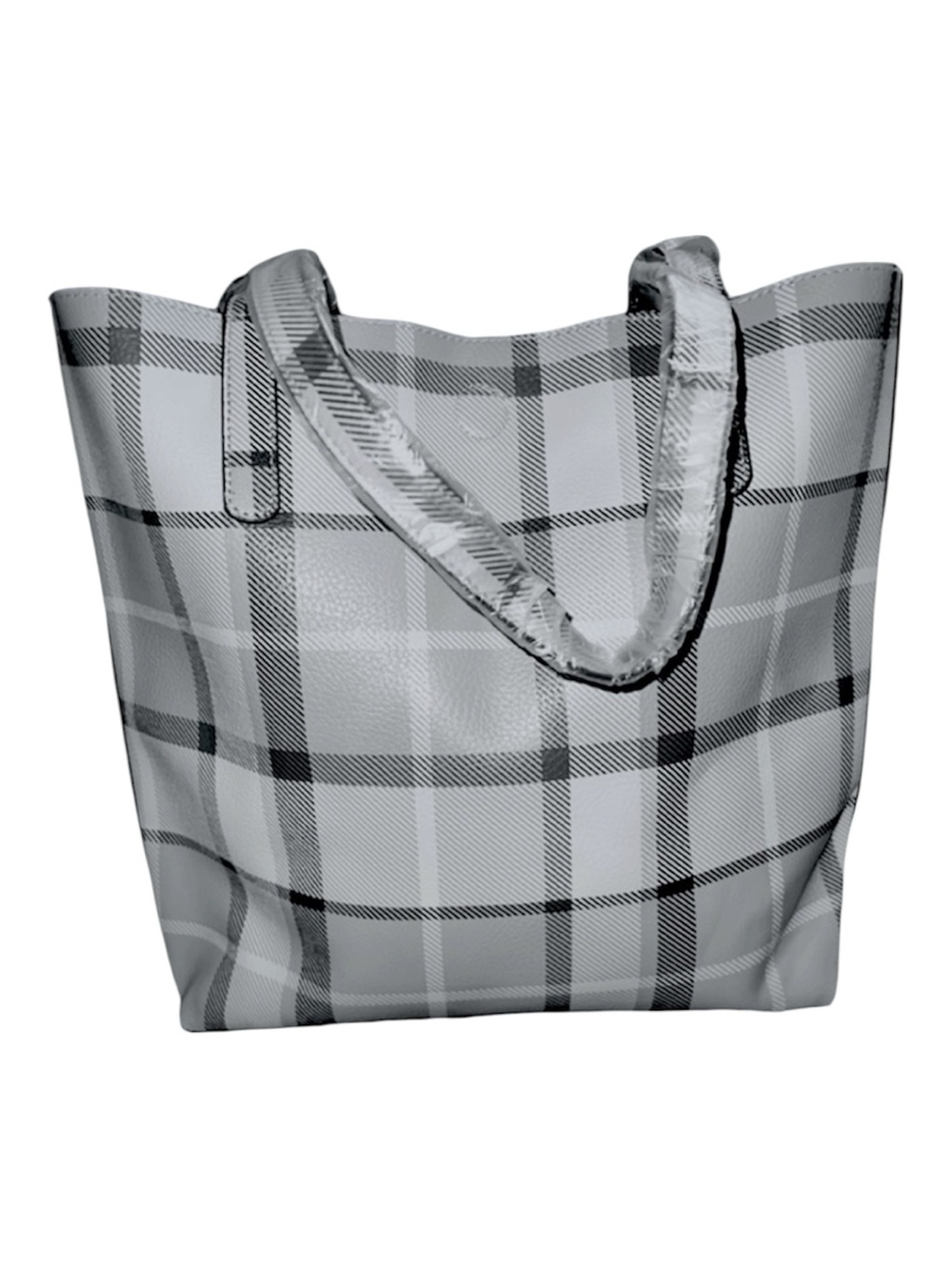 Faux Leather Tote Bag Magnetic Closure Gray Black Plaid Large Tote Unbranded New